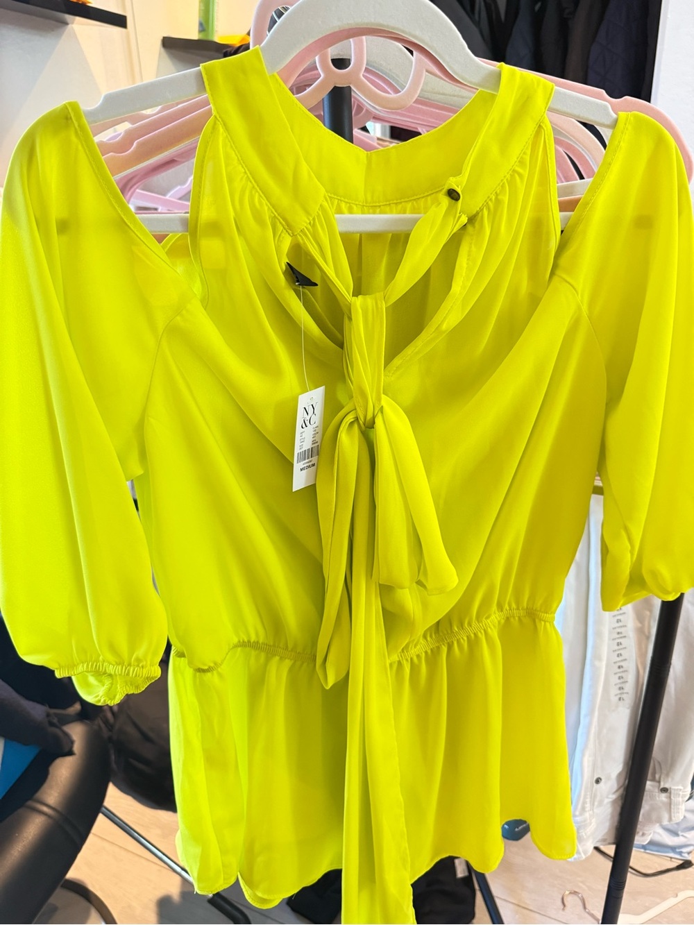 New York & Company Neon Yellow Tie Blouse